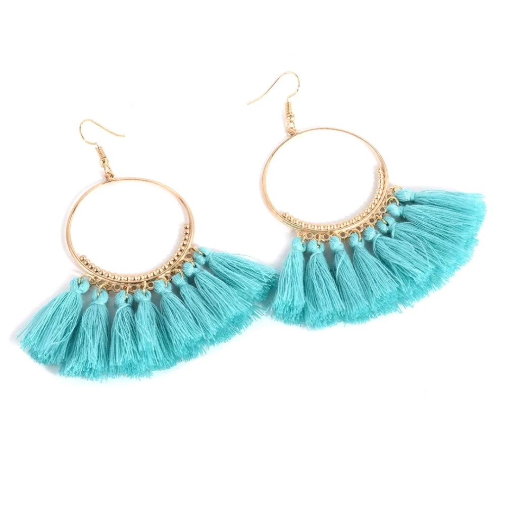 Earrings BOHO Gold Tone with Aqua Tassels